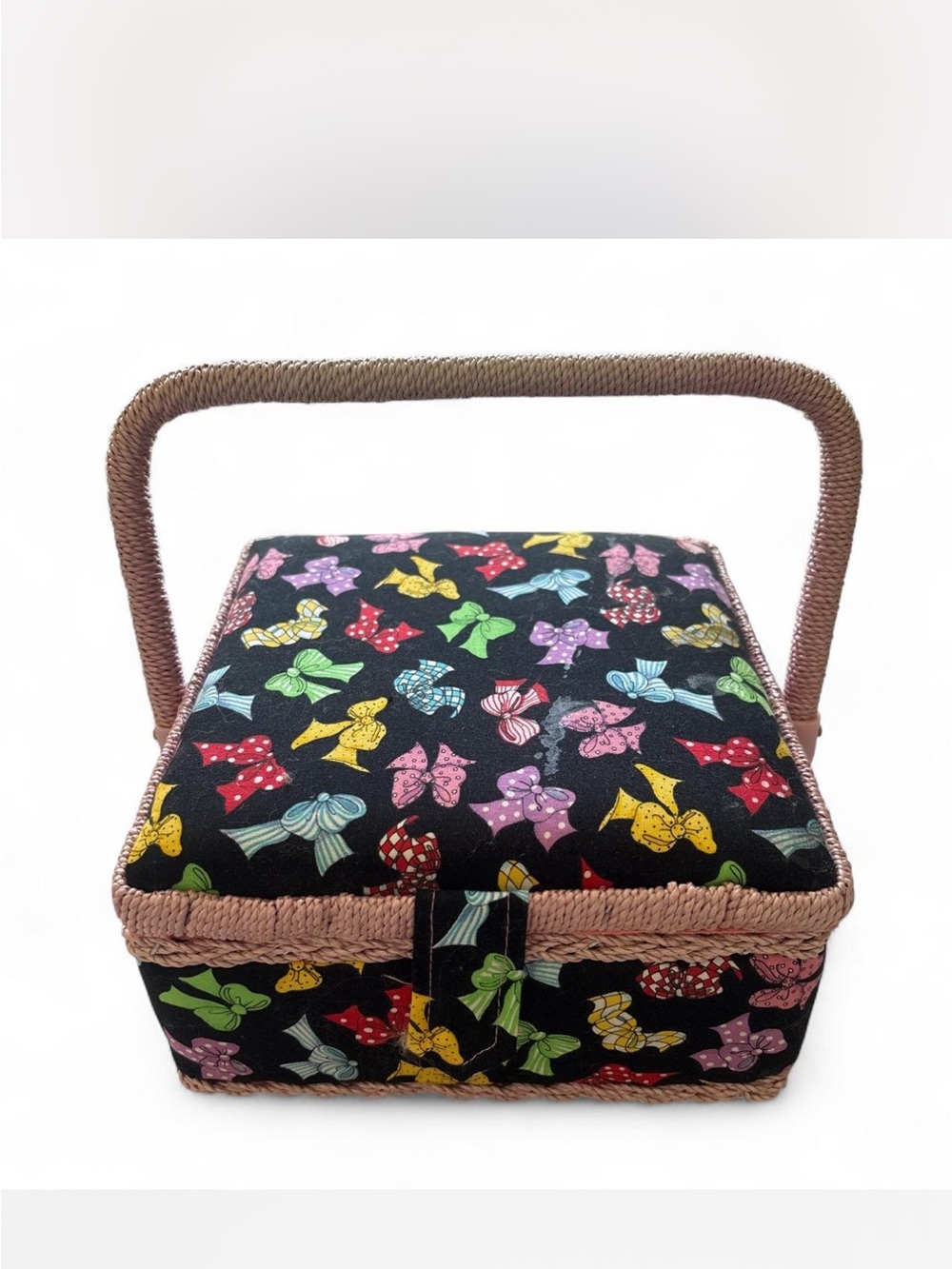 Bow Print Sewing Basket with Woven Handle